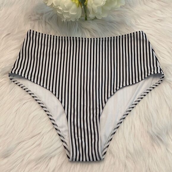 Vimpunec High Waisted Black and White Stripe Bikini Swimsuit Bottom Size M - Picture 1 of 6
